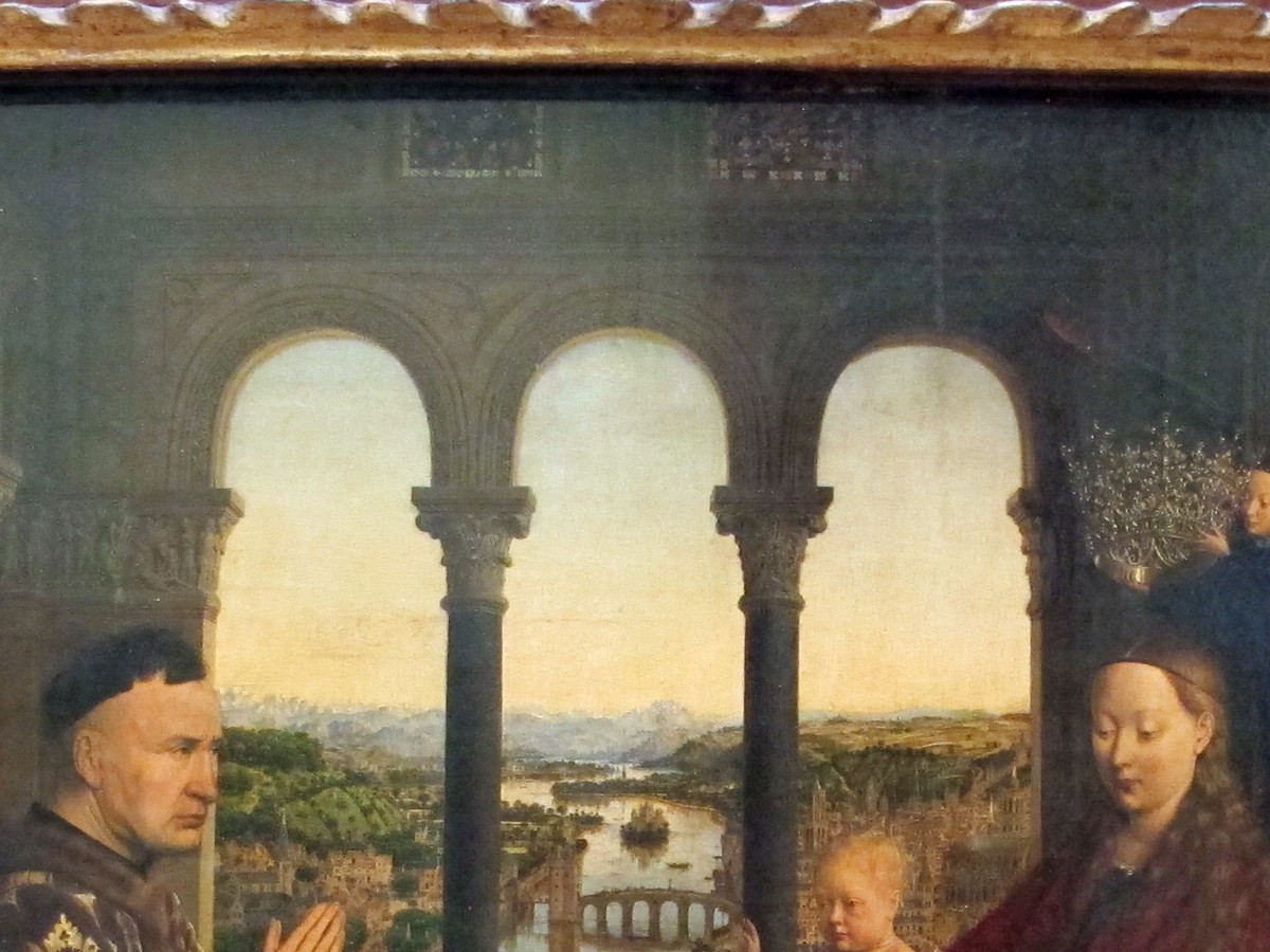 ヤン・ファン・エイク「ロランの聖母」（1435年頃）三連アーチ越しの都市景観と川のディテール