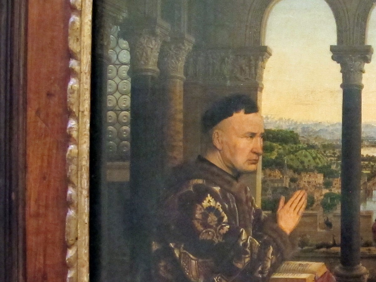 ヤン・ファン・エイク「ロランの聖母」（1435年頃）宰相ロランの顔と祈る手のディテール
