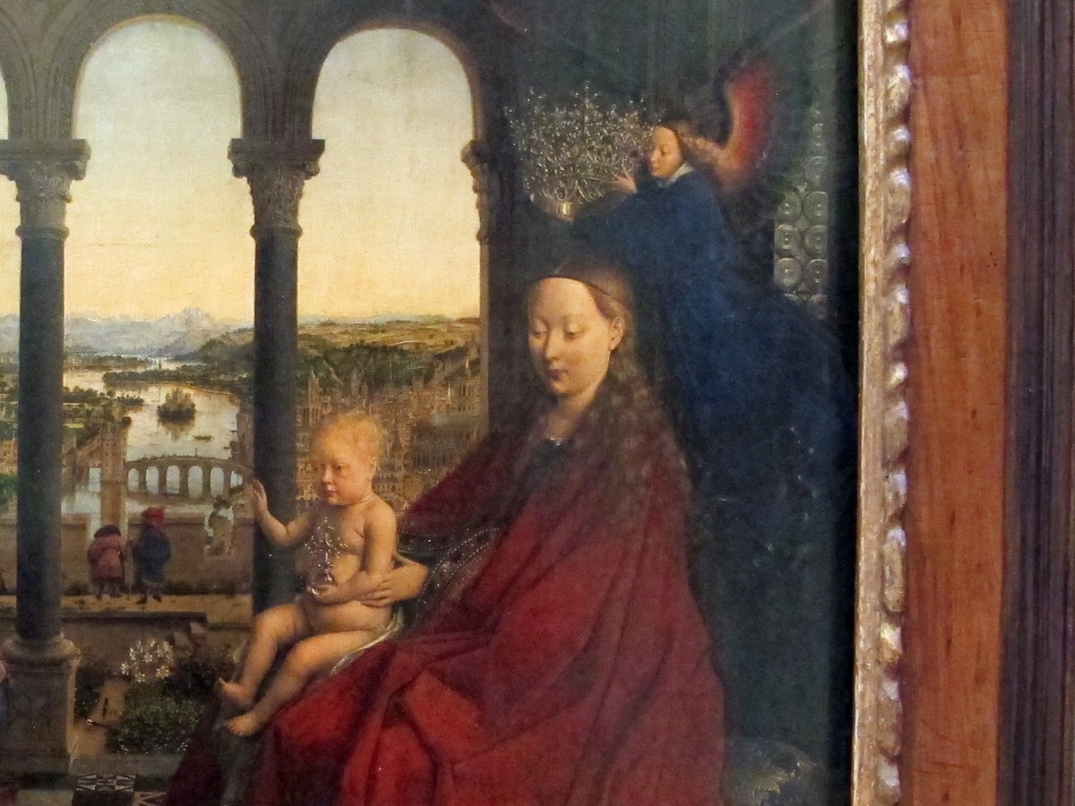 ヤン・ファン・エイク「ロランの聖母」（1435年頃）聖母マリア・キリスト・戴冠の天使のディテール