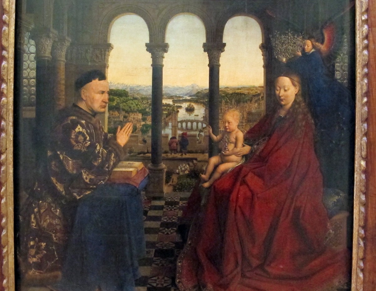 ヤン・ファン・エイク「ロランの聖母」（1435年頃）詳細——宰相ロランと聖母マリア・キリストの対面