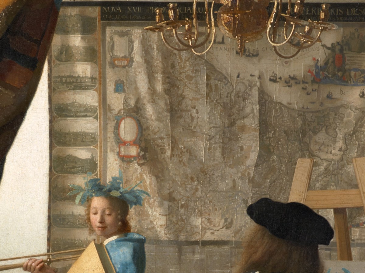 フェルメール「絵画芸術」（1666〜68年頃）ネーデルラント17州地図とシャンデリアのディテール