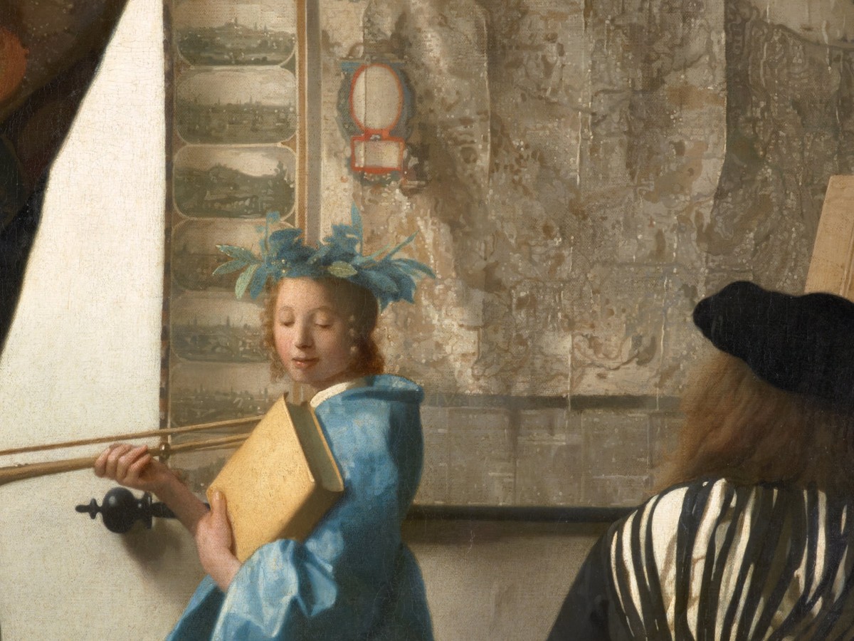 フェルメール「絵画芸術」（1666〜68年頃）クリオと画家の中央シーンのディテール——美術史美術館所蔵