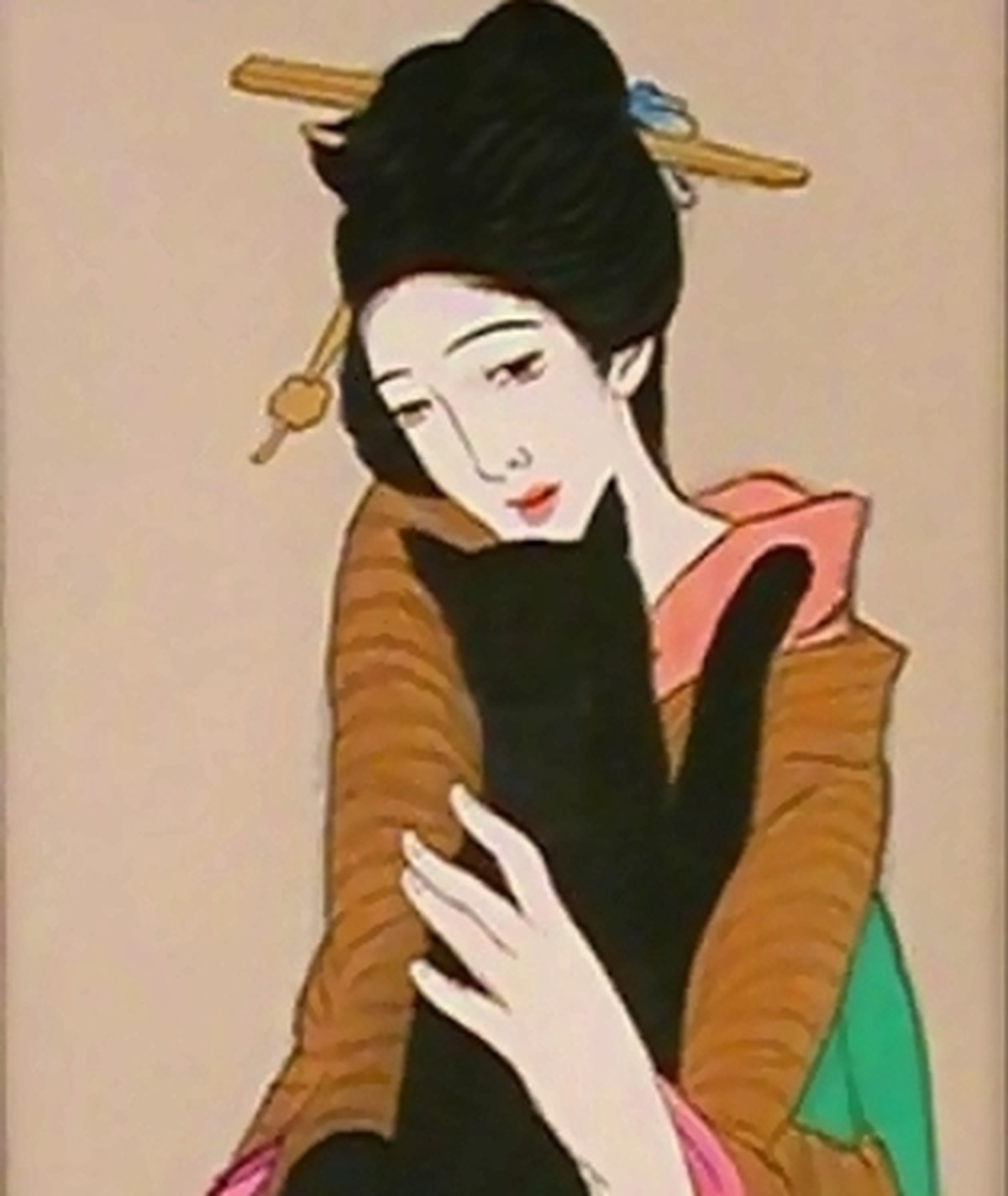 竹久夢二「黒船屋」（1914年頃）女性と黒猫のディテール